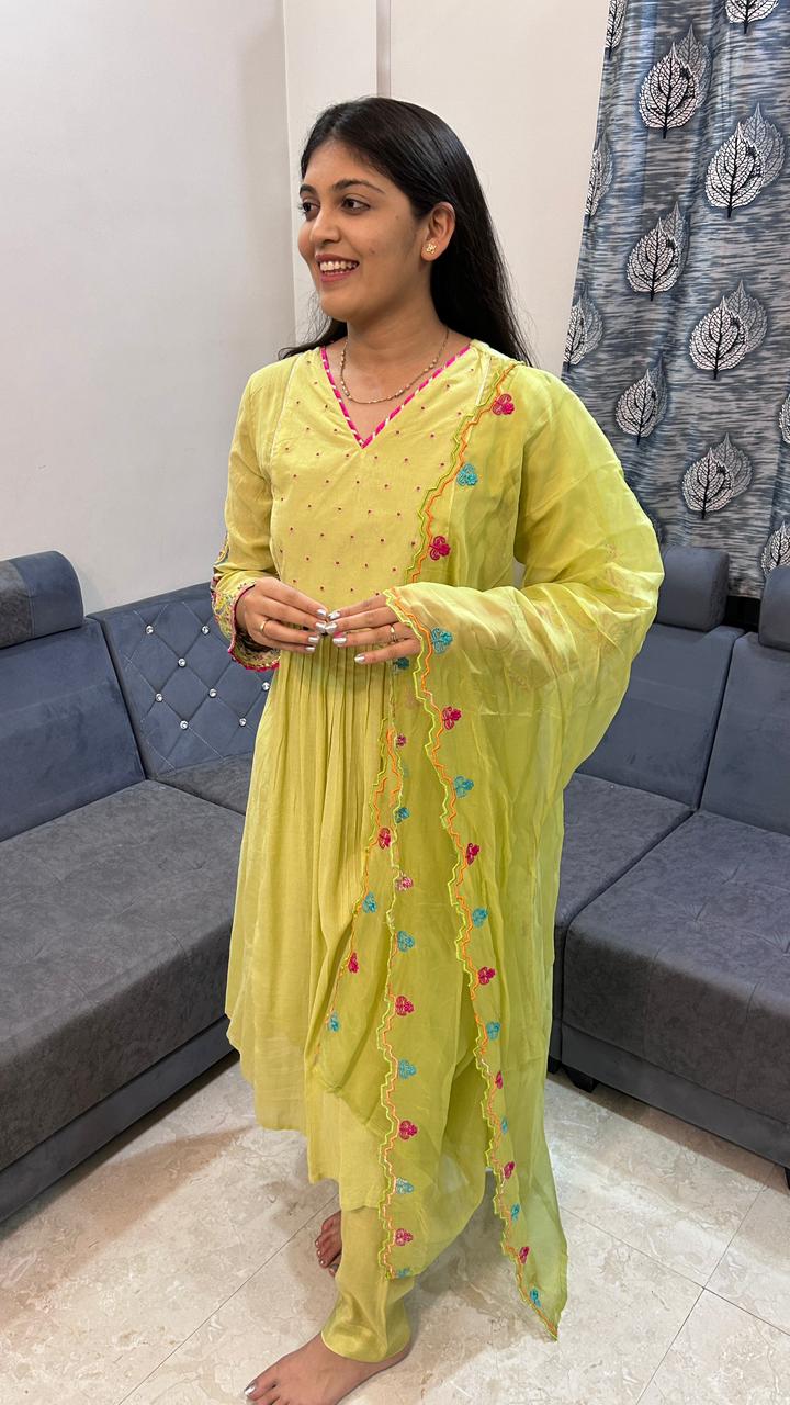 Lime Green Festive Gathereed Anarkali Set