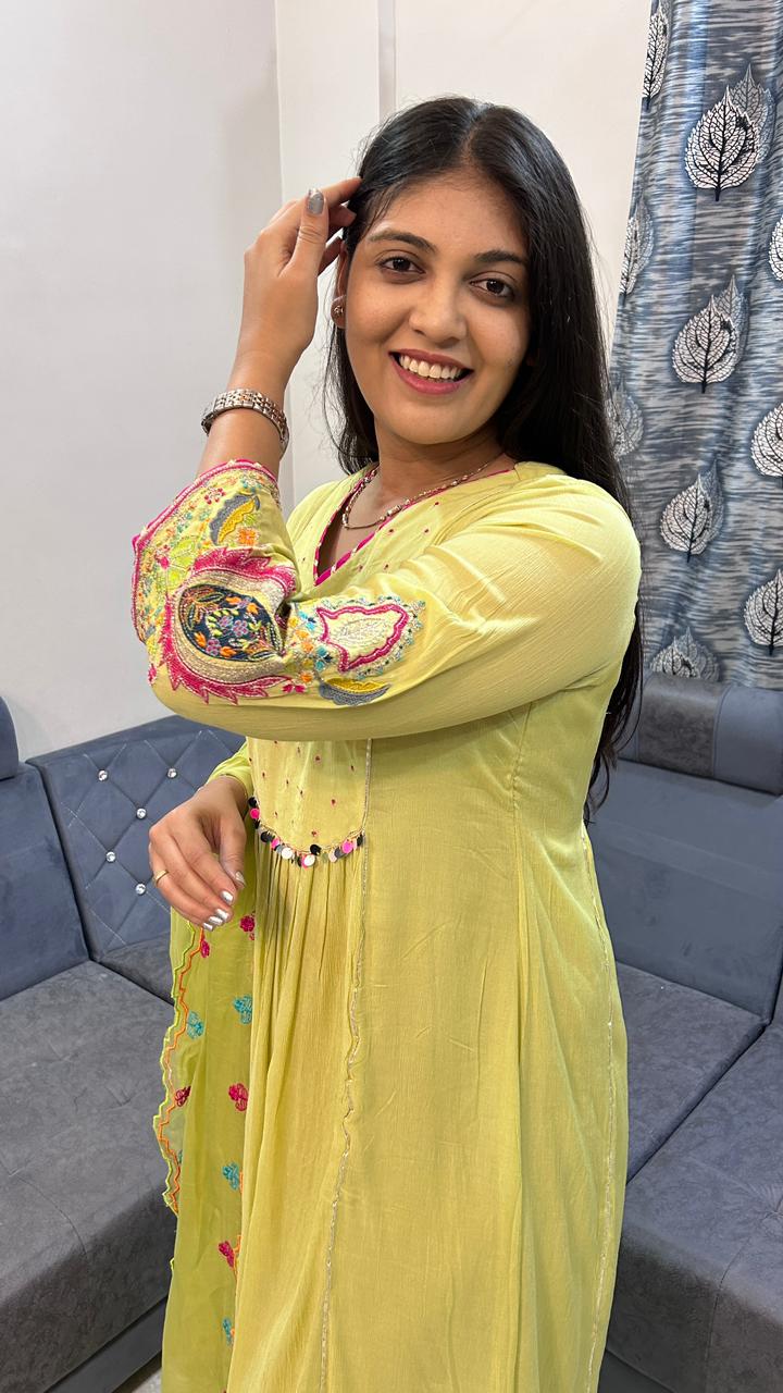 Lime Green Festive Gathereed Anarkali Set