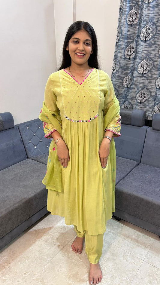 Lime Green Festive Gathereed Anarkali Set