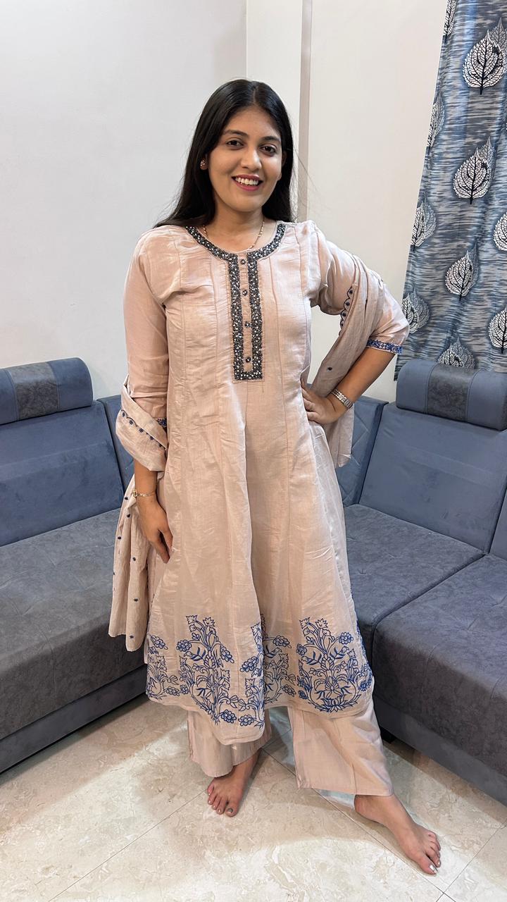 Product Name: Rose-Beige Chanderi Set with Indigo Embroidery