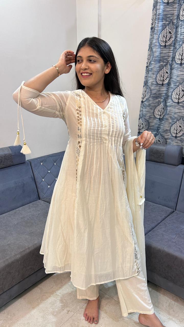 Classic Ivory Pleated Cotton Suit Set