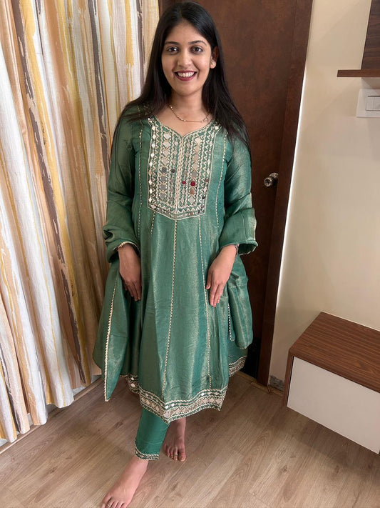 Emerald Green Chanderi Mirror Work Anarkali Set