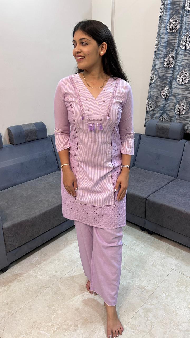 Lavender Pastels Chikankari & Stripe Co-ord Set
