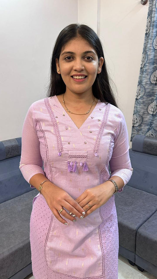 Lavender Pastels Chikankari & Stripe Co-ord Set