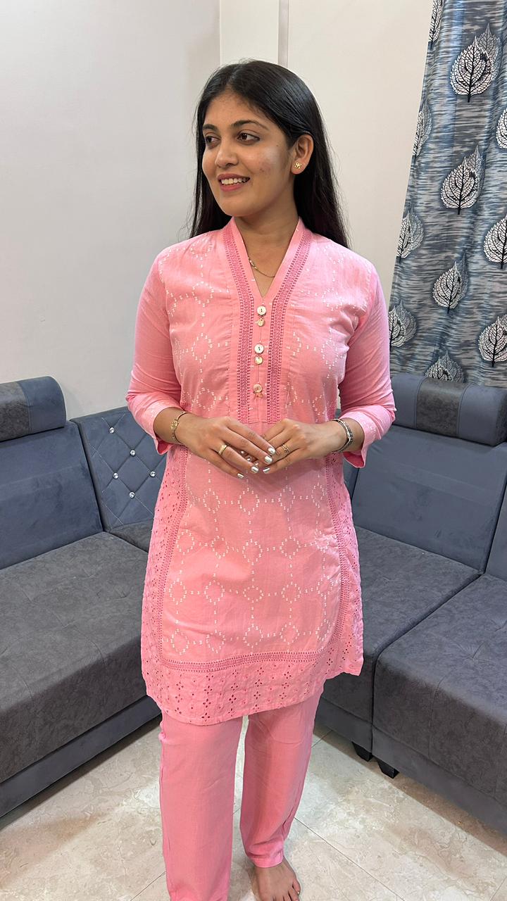 Powder Pink Chikankari &amp; Bandhani Tunic Set