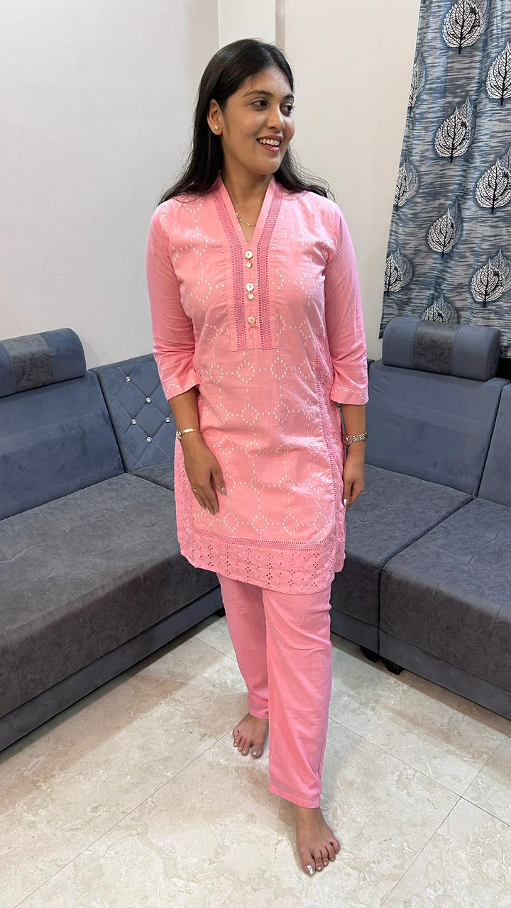 Powder Pink Chikankari &amp; Bandhani Tunic Set