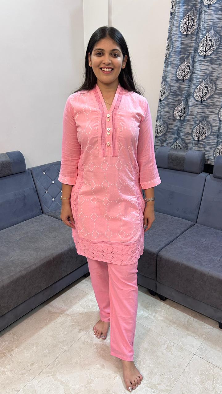 Powder Pink Chikankari &amp; Bandhani Tunic Set