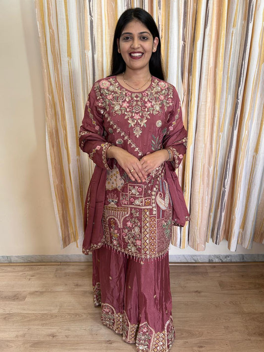 Mauve Rose Silk Embroidered Gharara Set