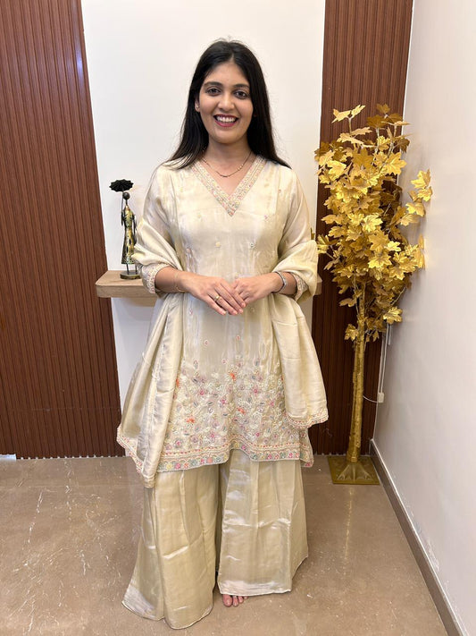 Creamy Ivory Tissue Silk Sharara Set