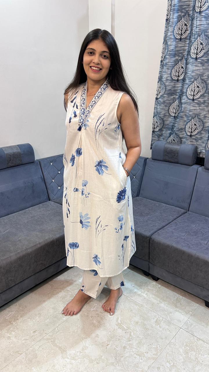 Ivory &amp; Indigo Blue Brush-Stroke Co-ord Set