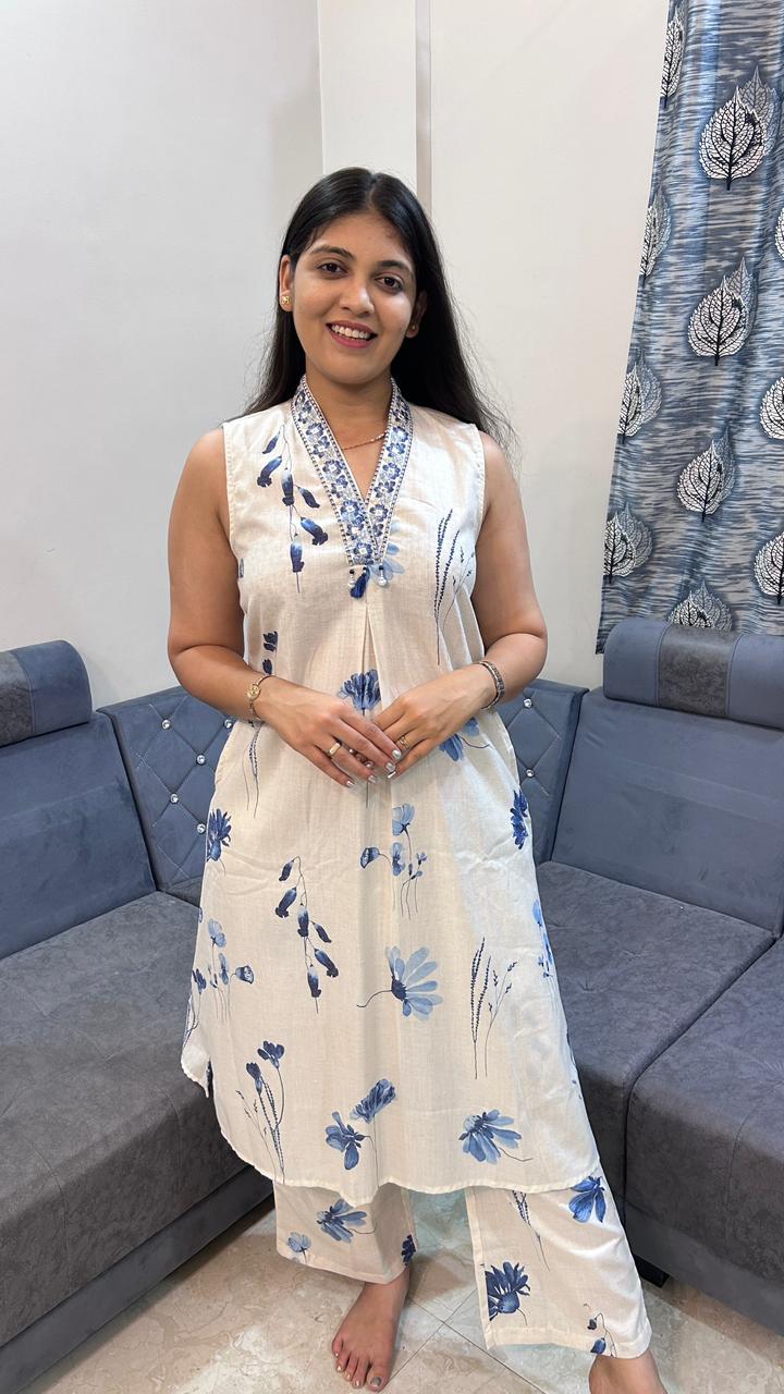 Ivory &amp; Indigo Blue Brush-Stroke Co-ord Set