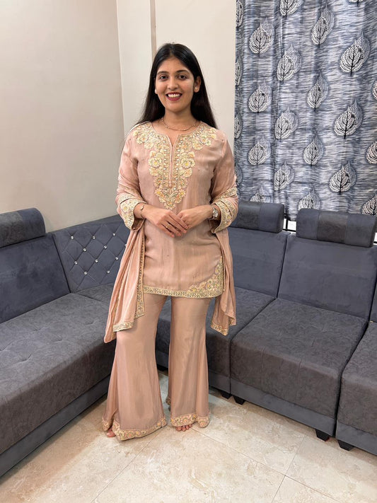 Peach Blossom Silk Embroidered Sharara Set