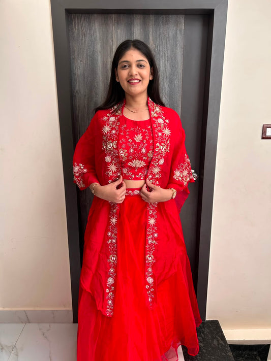 Scarlet Elegance Hand-Embroidered 3-Piece Cape Set