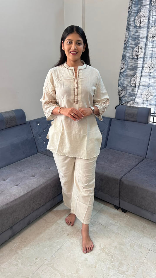 Oatmeal Beige Embroidered Co-ord Set