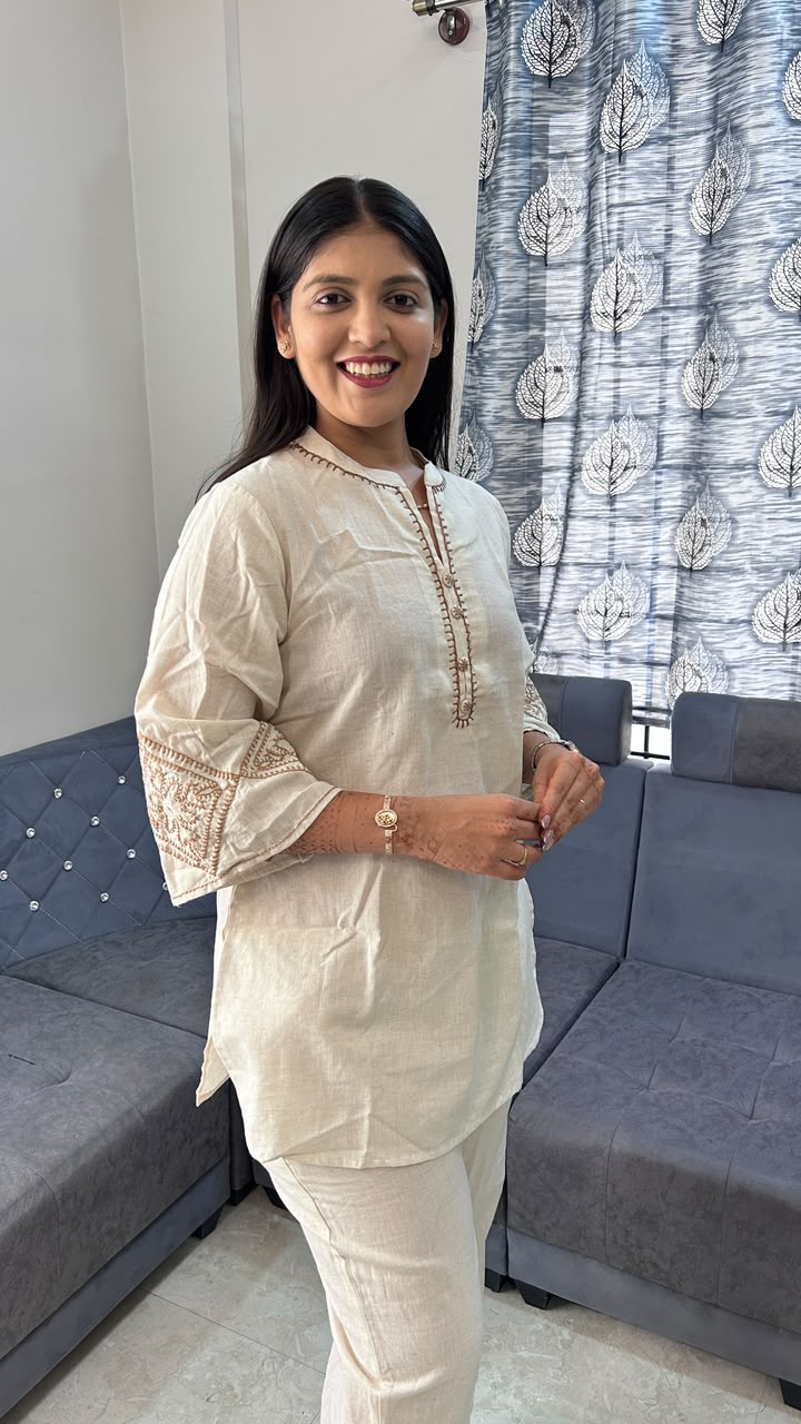 Oatmeal Beige Embroidered Co-ord Set