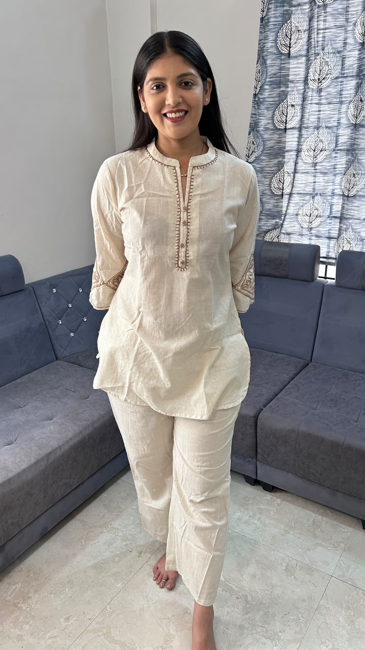 Oatmeal Beige Embroidered Co-ord Set