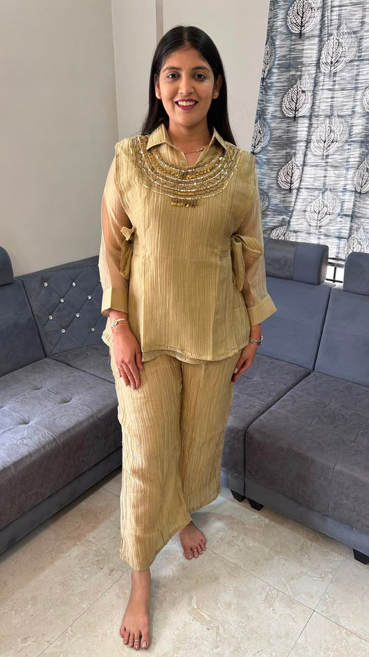 Metallic Gold Shimmer Co-ord Set with Embroidered Jacket