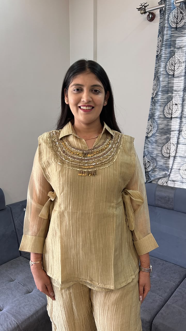Metallic Gold Shimmer Co-ord Set with Embroidered Jacket