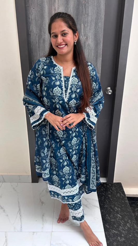 Navy Blue Paisley Printed Lace Suit Set