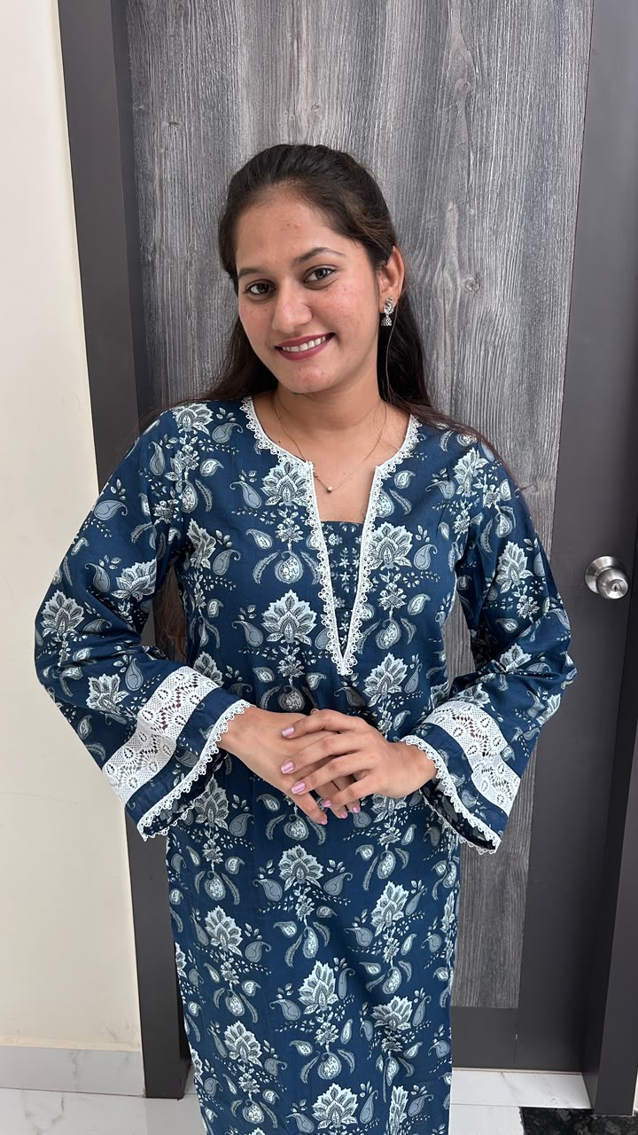 Navy Blue Paisley Printed Lace Suit Set
