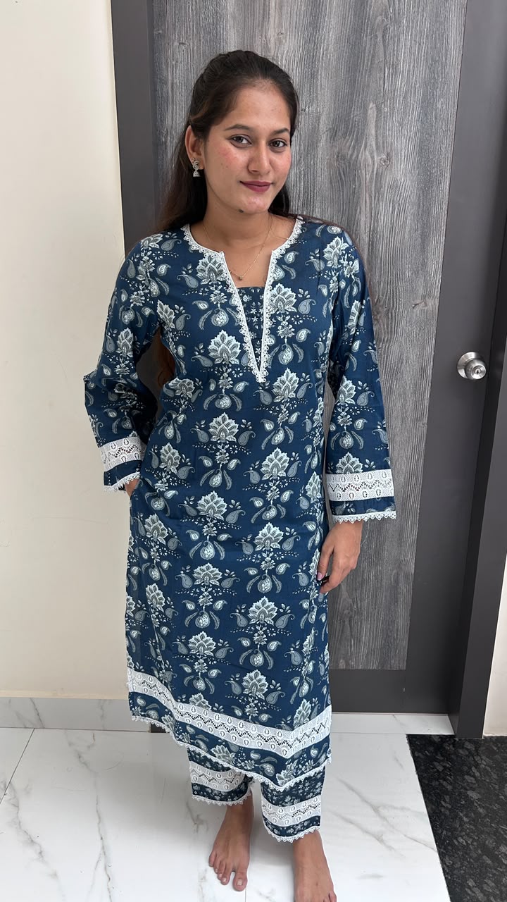 Navy Blue Paisley Printed Lace Suit Set