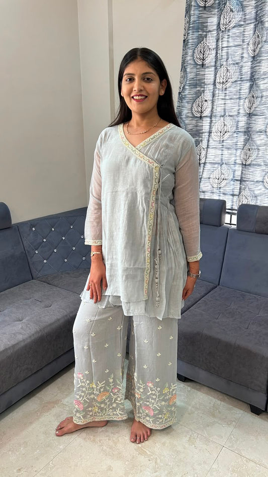Powder Blue Organza Embroidered Angrakha Set