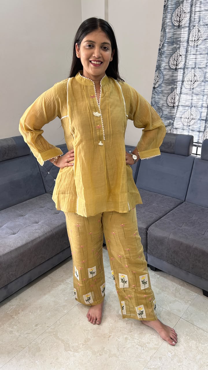 Mustard Embroidered Cotton-Silk Co-ord Set