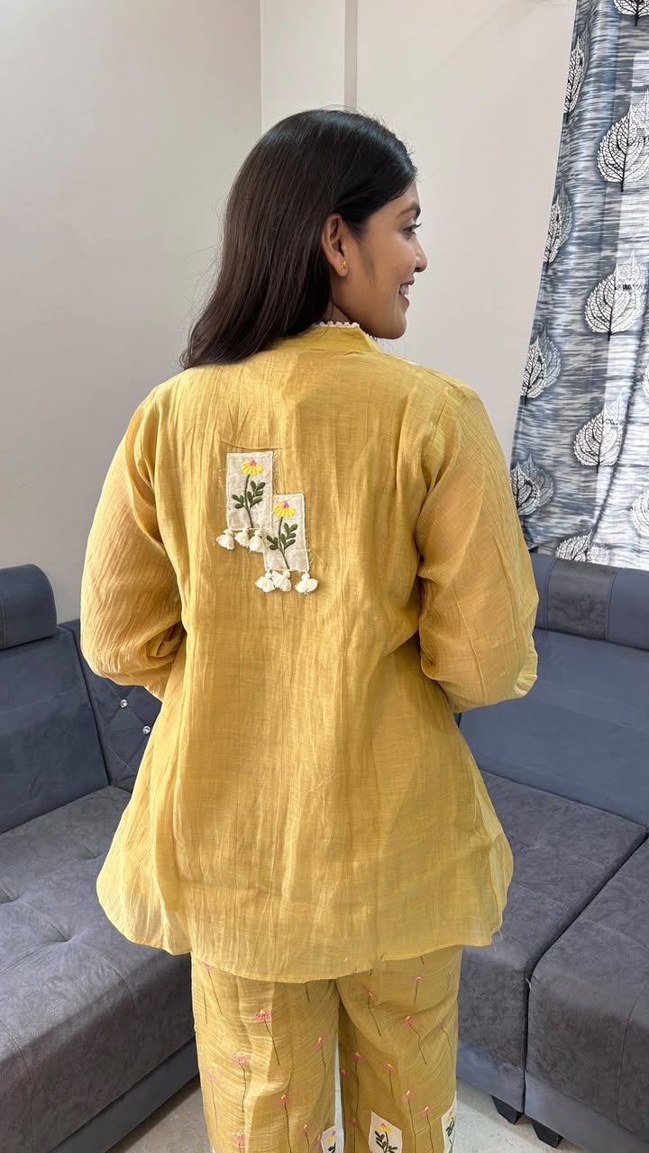 Mustard Embroidered Cotton-Silk Co-ord Set