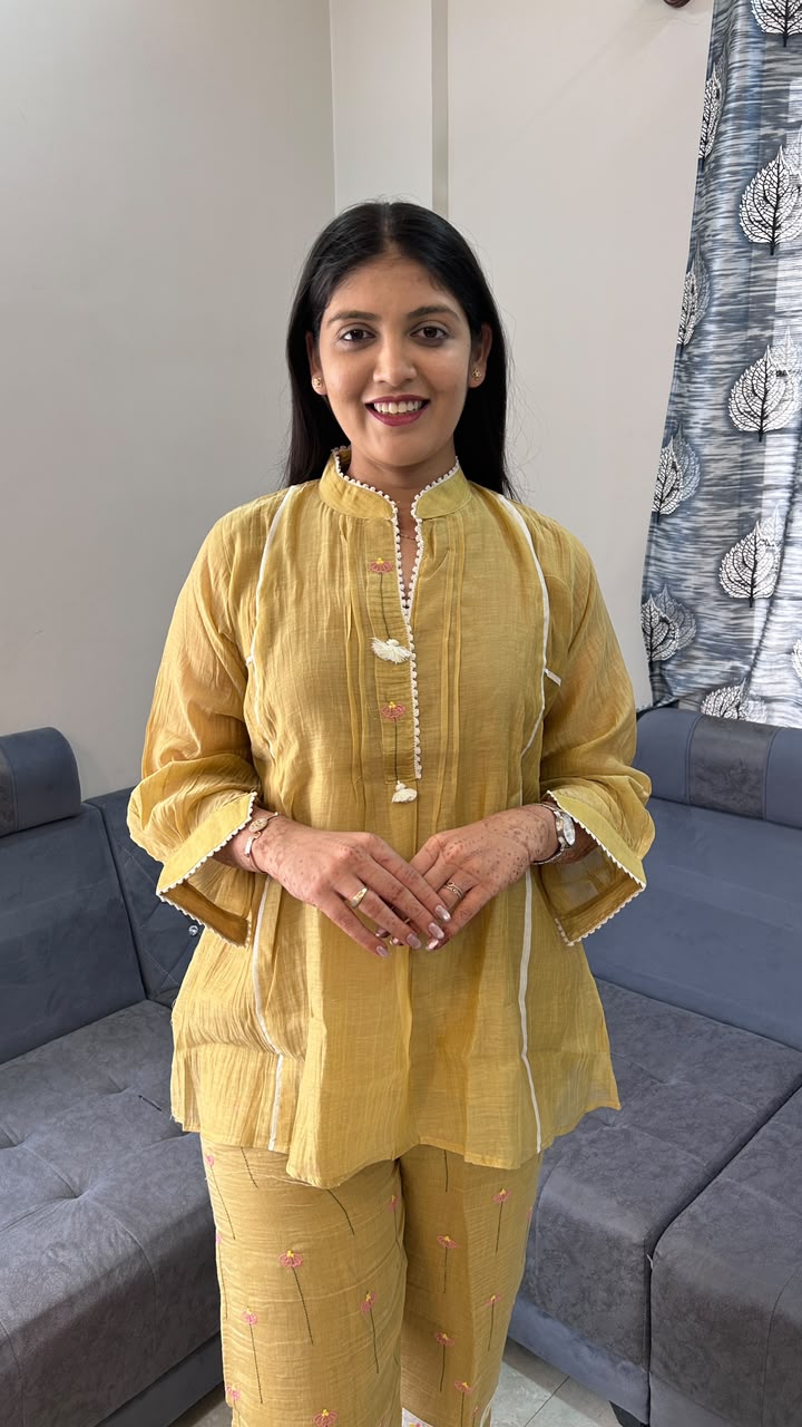 Mustard Embroidered Cotton-Silk Co-ord Set