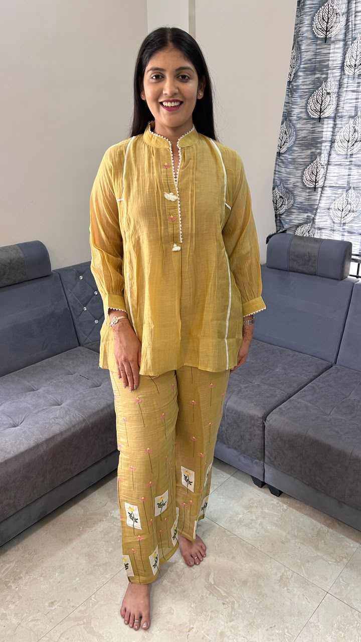 Mustard Embroidered Cotton-Silk Co-ord Set