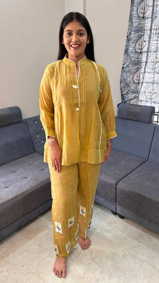 Mustard Embroidered Cotton-Silk Co-ord Set