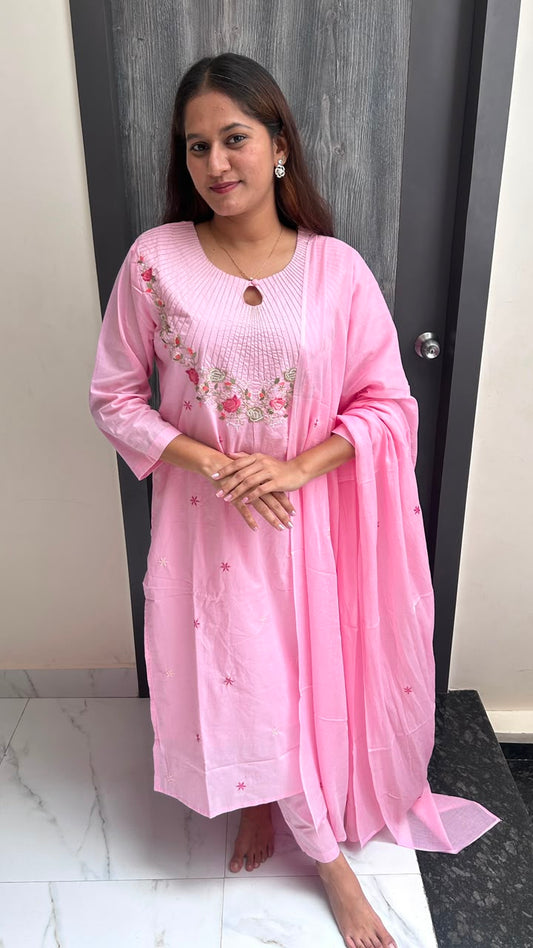 Blush Pink Floral Embroidered Cotton Suit Set