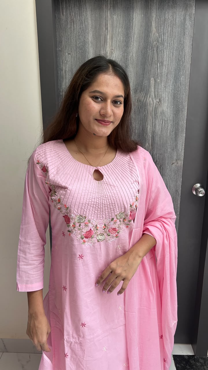 Blush Pink Floral Embroidered Cotton Suit Set
