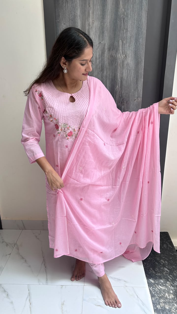 Blush Pink Floral Embroidered Cotton Suit Set