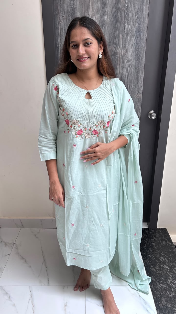 Mint Green Floral Embroidered Cotton Suit Set