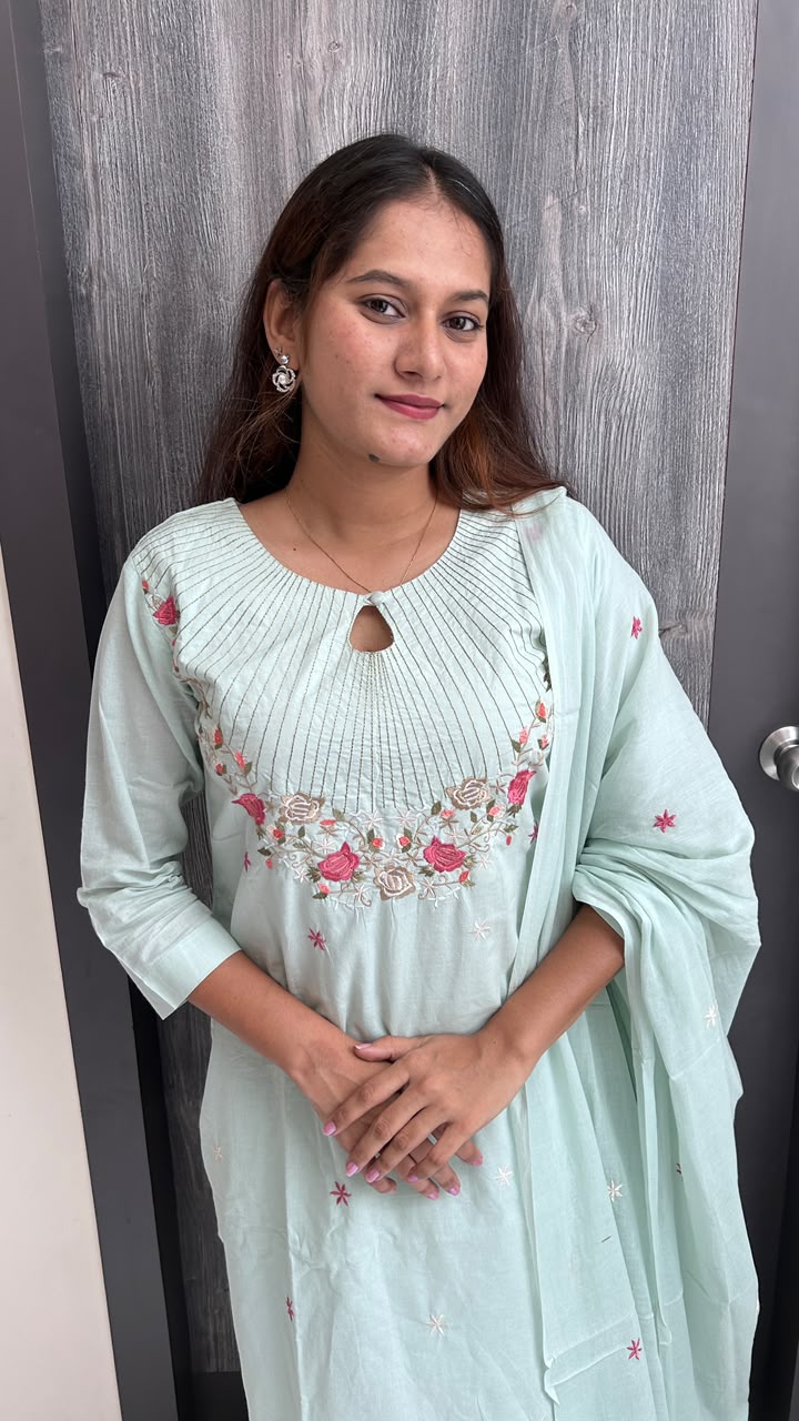Mint Green Floral Embroidered Cotton Suit Set