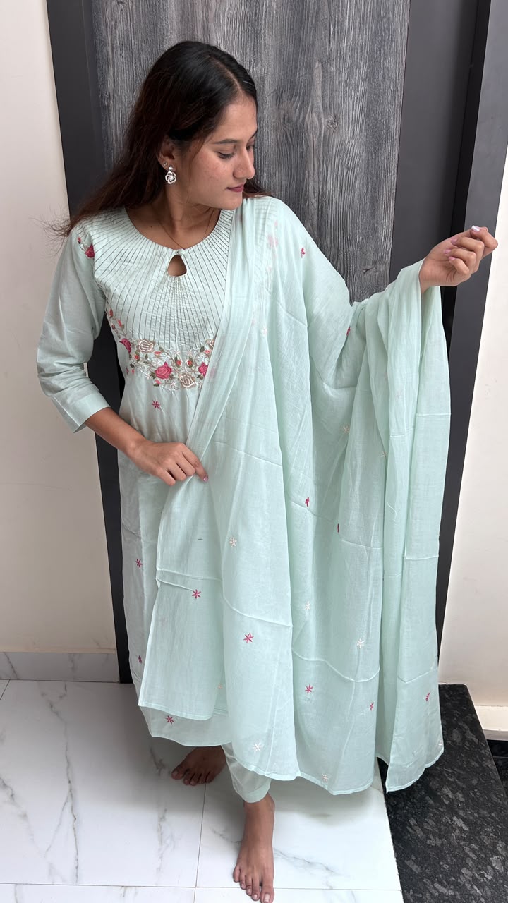 Mint Green Floral Embroidered Cotton Suit Set
