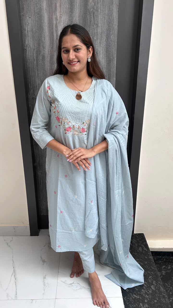 Powder Blue Floral Embroidered Cotton Suit Set
