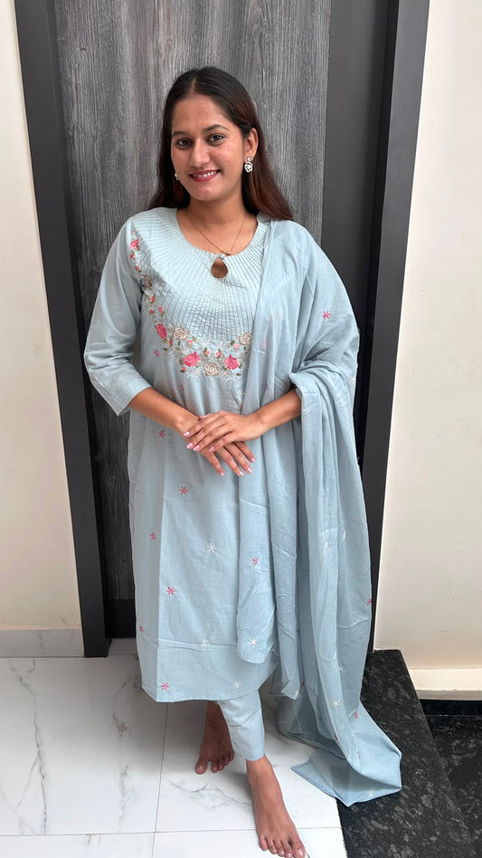 Powder Blue Floral Embroidered Cotton Suit Set