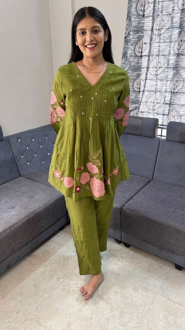 Olive Green Pink Floral Applique Co-ord Set