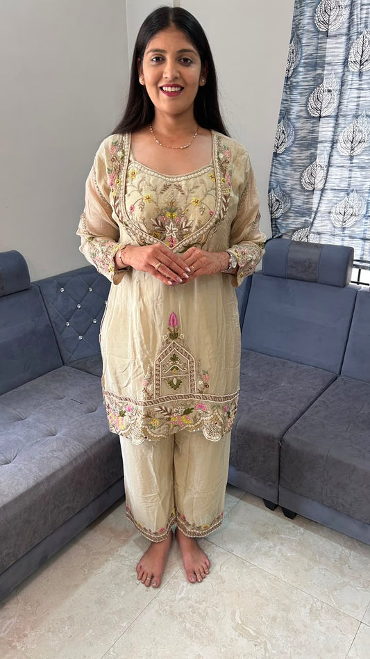 Cream Hand-Embroidered Tissue Silk Kurti Set with Inner Blouse