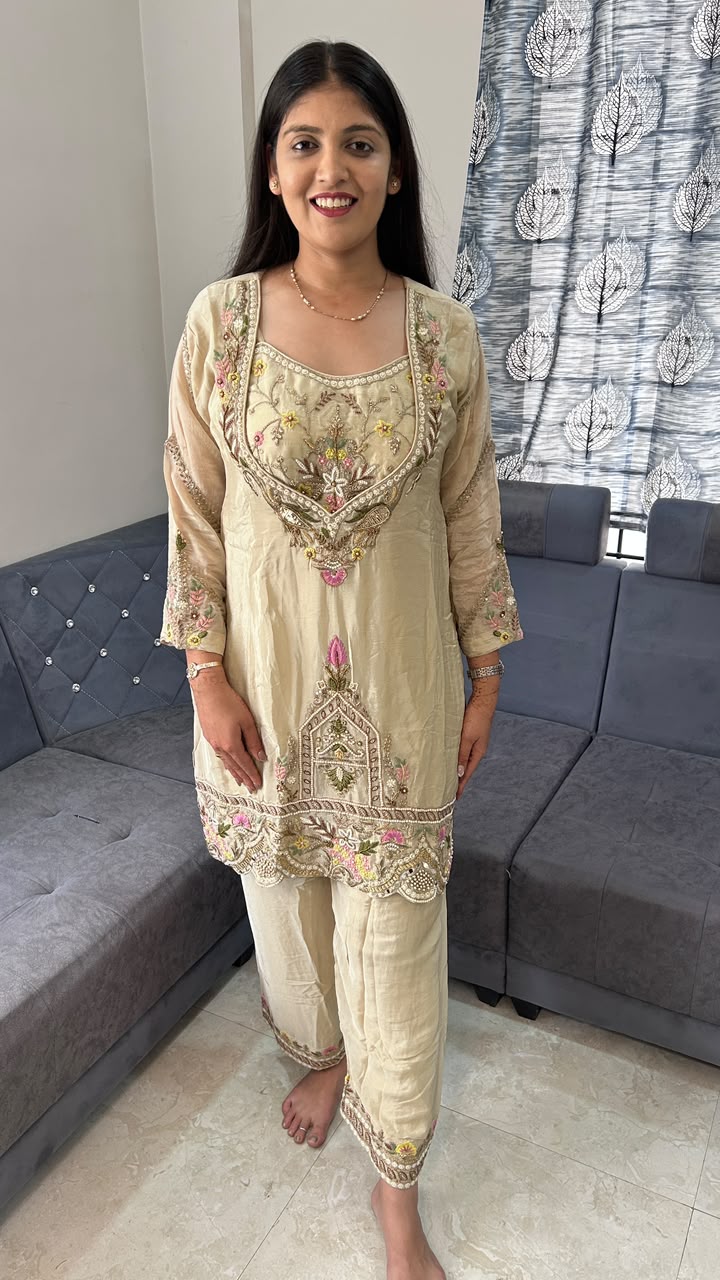 Cream Hand-Embroidered Tissue Silk Kurti Set with Inner Blouse