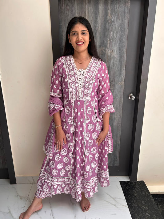 Regal Mauve Hand-Embroidered Chikankari Anarkali Set