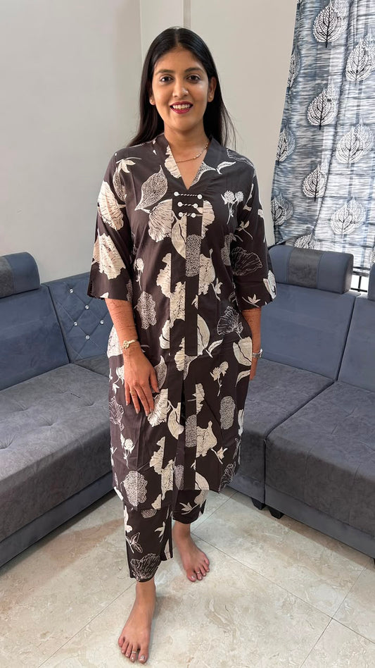 Dark Brown &amp; Cream Floral Hand-Block Print Co-Ord Set