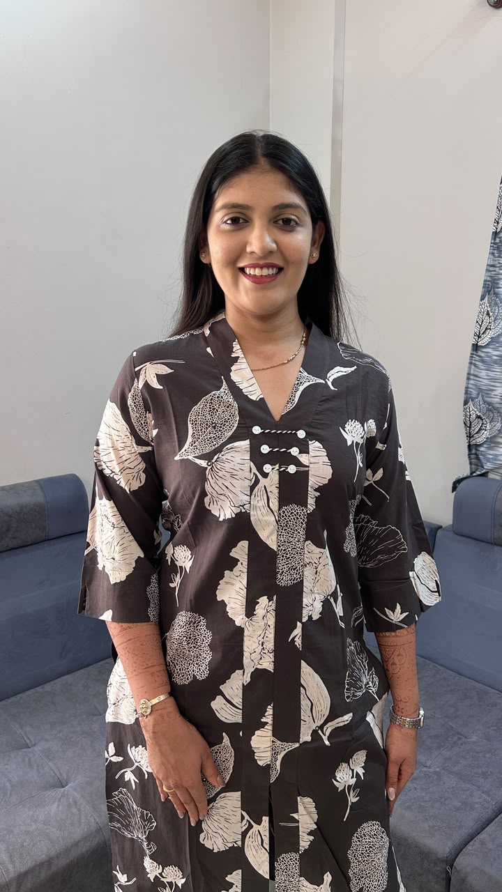 Dark Brown Cream Floral Hand-Block Print Co-Ord Set
