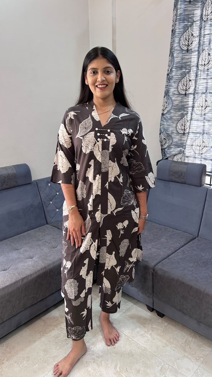 Dark Brown Cream Floral Hand-Block Print Co-Ord Set