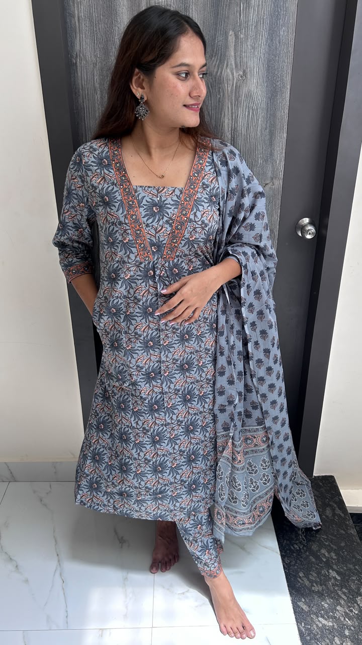 Slate Blossom Block-Print Suit Set