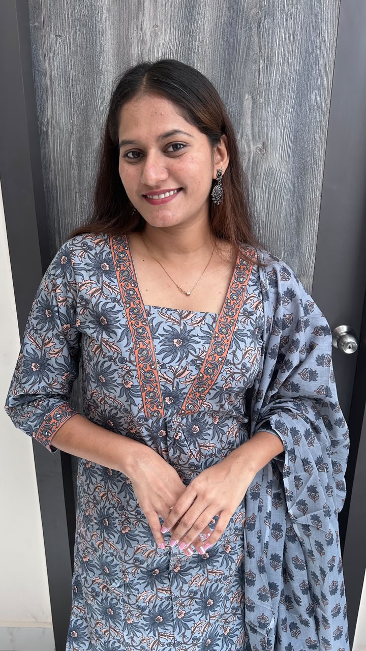 Slate Blossom Block-Print Suit Set