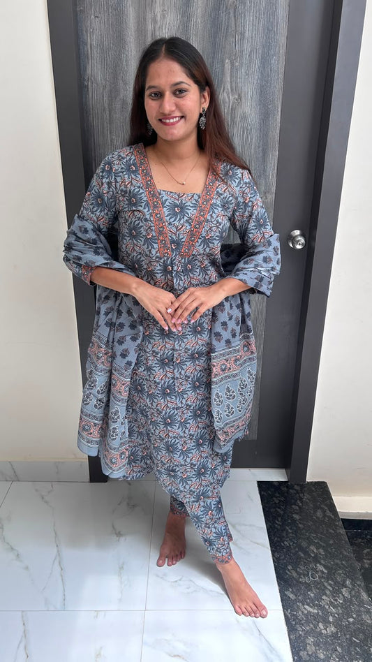 Slate Blossom Block-Print Suit Set