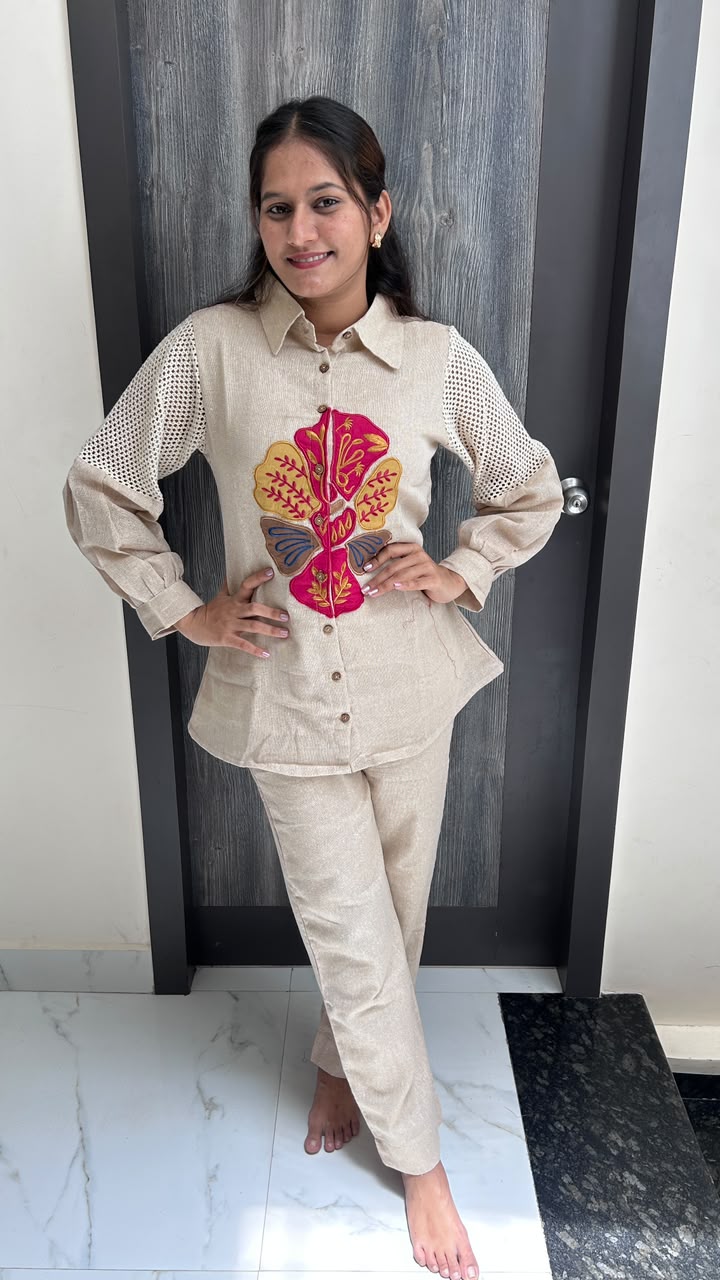 Champagne Beige Hand-Embroidered Co-Ord Set